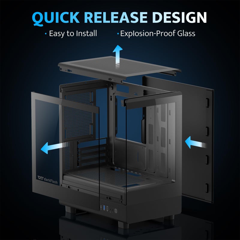 darkFlash Micro-ATX PC Case, Pre-Install 3 PWM ARGB Fans Computer Case, Full View Dual Tempered Glass MATX Gaming PC Case, Type C Port, Supports up to 240mm AIO(DB330M) (Black) - Image 2