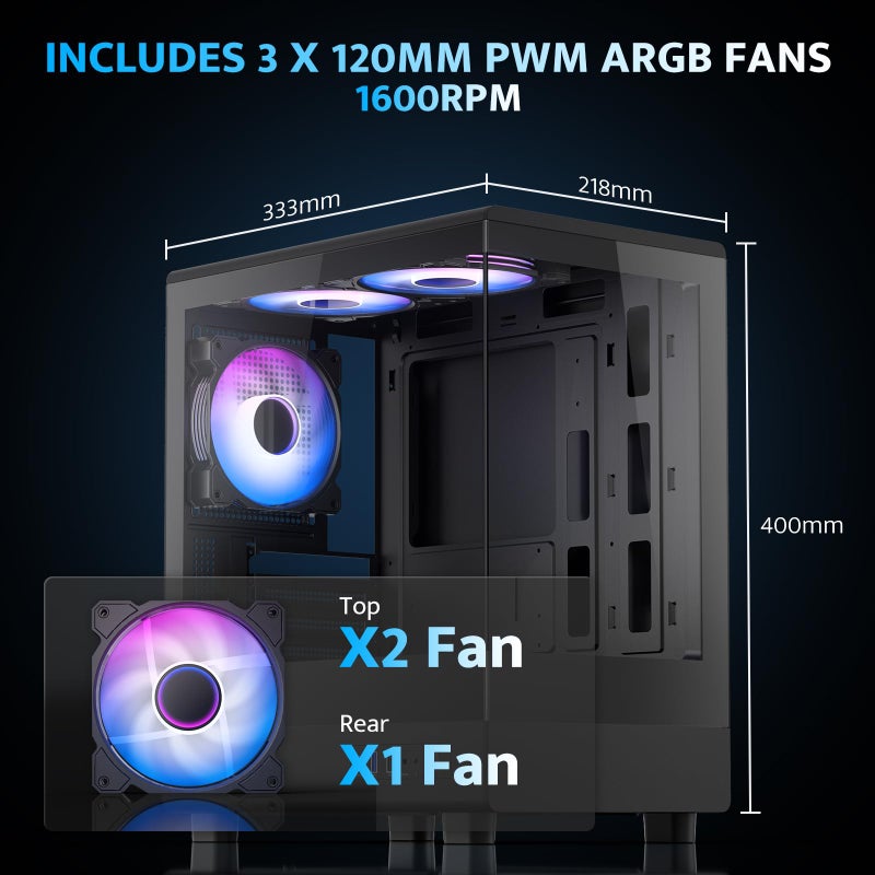 darkFlash Micro-ATX PC Case, Pre-Install 3 PWM ARGB Fans Computer Case, Full View Dual Tempered Glass MATX Gaming PC Case, Type C Port, Supports up to 240mm AIO(DB330M) (Black) - Image 3