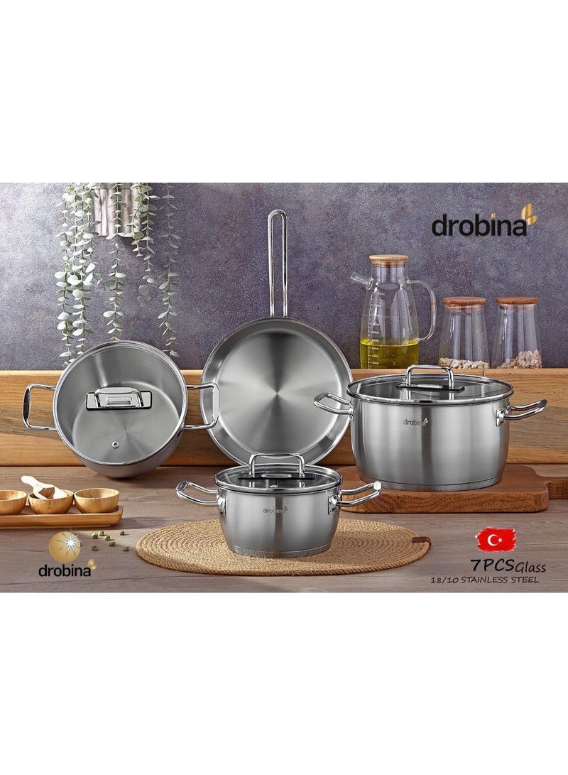 Drobina Pots Set 7 Pieces Turkish Matt Stainless Steel Glass Lids 18/10 - Image 1