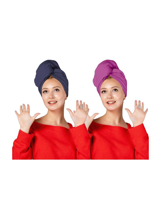 القيلولة زين منشفة شعر إيستا زين المصنوعة من القطن الخالص بنسبة 100% للنساء والأطفال، فائقة الامتصاص، سريعة الجفاف، عمامة مضادة للتجعد مع زر سهل الاستخدام، ناعمة وخفيفة الوزن (أزرق داكن وأرجواني) (طقم من قطعتين) - Image 1