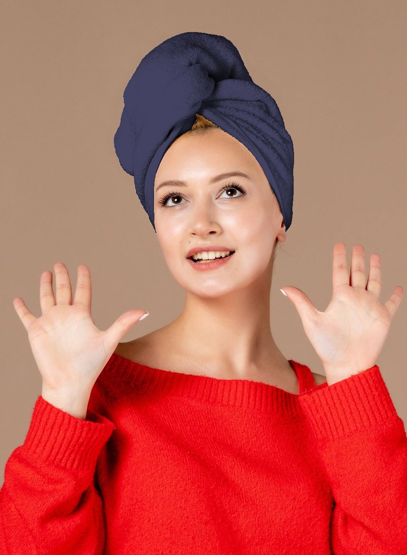 القيلولة زين منشفة شعر إيستا زين المصنوعة من القطن الخالص بنسبة 100% للنساء والأطفال، فائقة الامتصاص، سريعة الجفاف، عمامة مضادة للتجعد مع زر سهل الاستخدام، ناعمة وخفيفة الوزن (أزرق داكن وأرجواني) (طقم من قطعتين) - Image 2