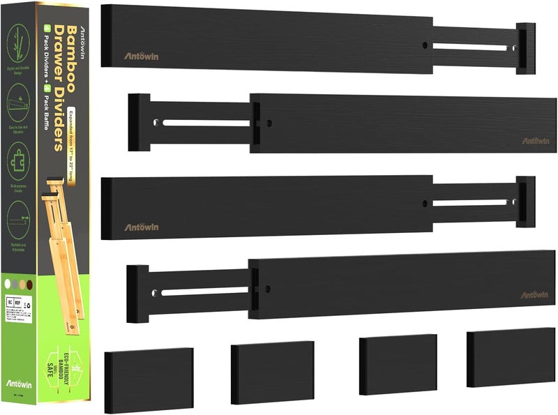 ANTOWIN Bamboo Drawer Dividers Organizers, Drawer Separators Splitter,17-22 inches Long Adjustable Spring-loaded Organizer for Large Utensil, Clothes, Tools Drawers (Black) - Image 1