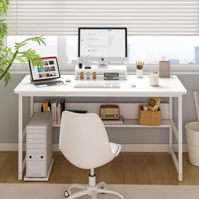 Jubestry Study Desk with Stand Writing Desk Table Gaming Table Computer Desk with Bookshelf for Home Office Desks & Workstations 110 * 50 * 72 CM (White) - Image 2