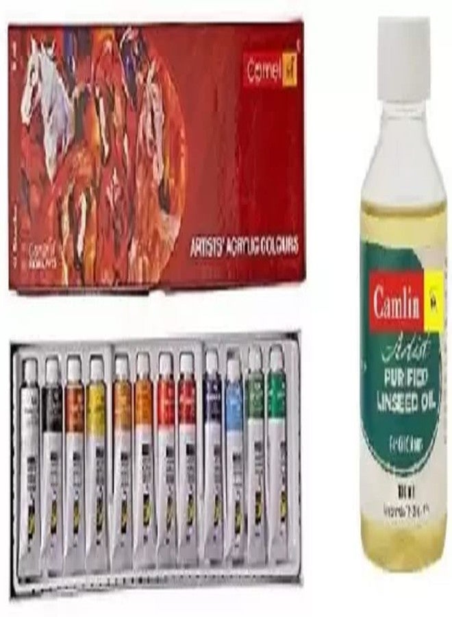 Camlin Artist Acrylic Colour-12 Shade 9 Ml with 100 ml Linseed Oil
