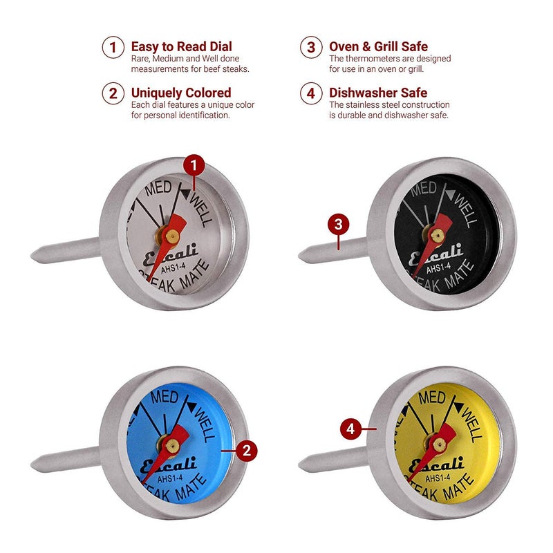 Escali AHS1-4 Easy Read Mini Steak Thermometer Set, Dial Reads Rare, Medium & Well, Dishwasher Safe, Silver - Image 2