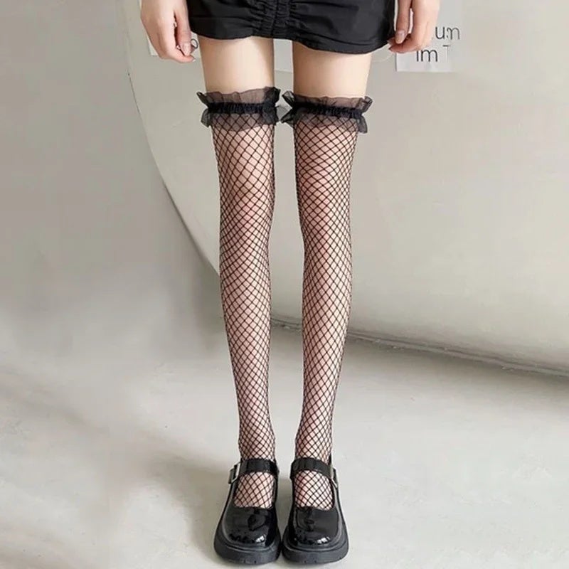 Sexy Overknee Long Socks Women Black White Sweet Girls Lolita Bowknot Thigh High Fishnet Stockings Gothic Punk Lace Mesh Legging - Image 1