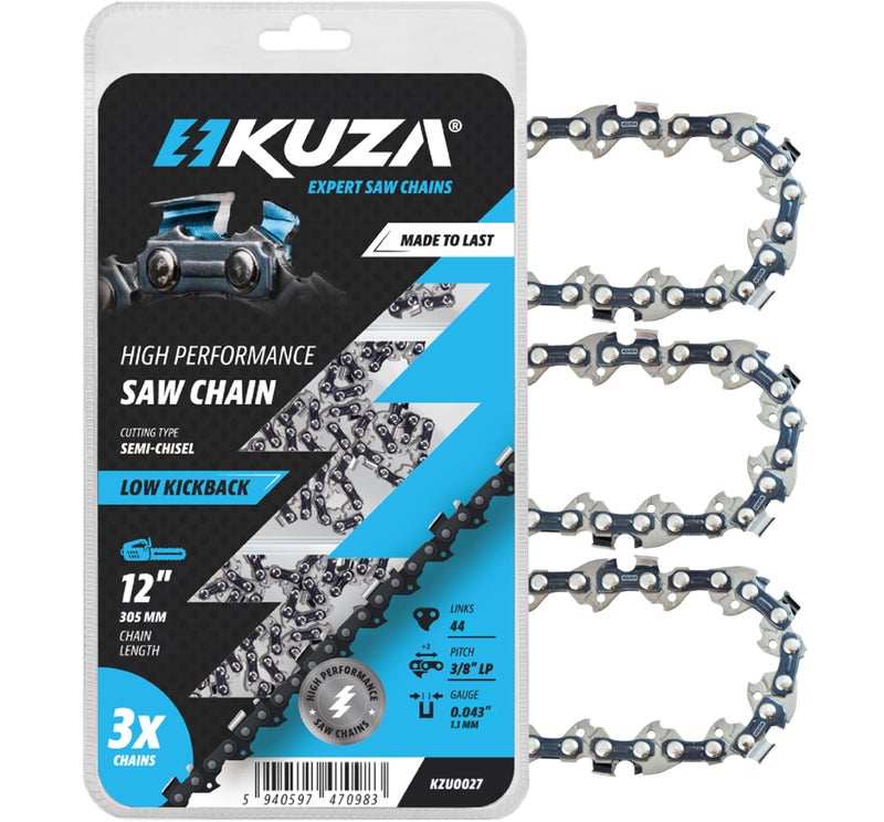 Kuza Premium Chainsaw Chain 12 Inch 3/8" LP Pitch .043" Gauge 44 Drive Links- 61PMM3 44 Fits STIHL HT101, ECHO PPF-210/225/265/280/2620, PPT-260/266-36100050044, 90PX44CQ and more (3 Chains) - Image 1