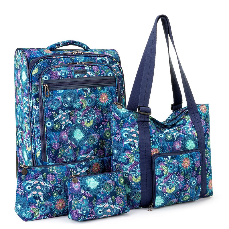 Sakroots On the Go 4 Piece Travel Bundle, Includes 21" Rolling Suitcase, Packable Large Tote, Medium & Small Pouches, Royal Blue Seascape - Image 1