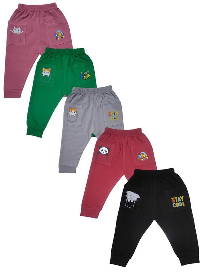 RCW Kids Baby Pants Cotton Pajama with 2 Back Pocket Multicolor Soft Lower Payjama Leggings Regular Fit Bottom Ribs Comfortable Sleepwear Toodler Lounge Pant for Boys & Girls (Set of 5) (1-2 Year) - Image 1