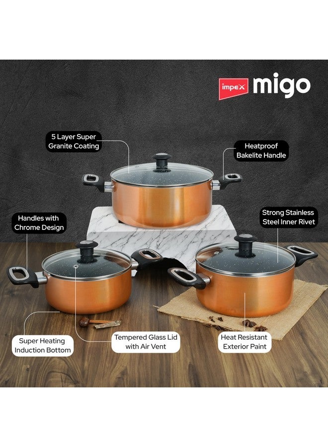 Impex Cook and Serve Casserole Set 6 Pcs Nonstick Granite Cookware Set with Glass Lid | Sauce Pans Combo with Induction Bottom | Non-Stick Cookware Set | Aluminium Casserole Set 4.7L, 3L and 2 liter - Image 3