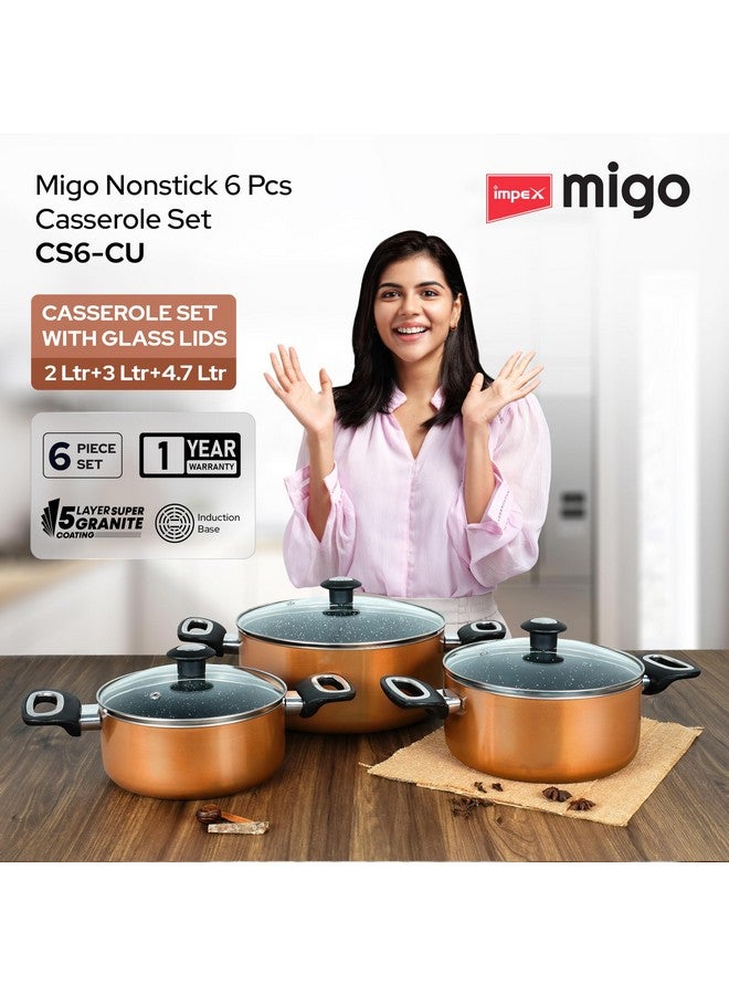 Impex Cook and Serve Casserole Set 6 Pcs Nonstick Granite Cookware Set with Glass Lid | Sauce Pans Combo with Induction Bottom | Non-Stick Cookware Set | Aluminium Casserole Set 4.7L, 3L and 2 liter - Image 2
