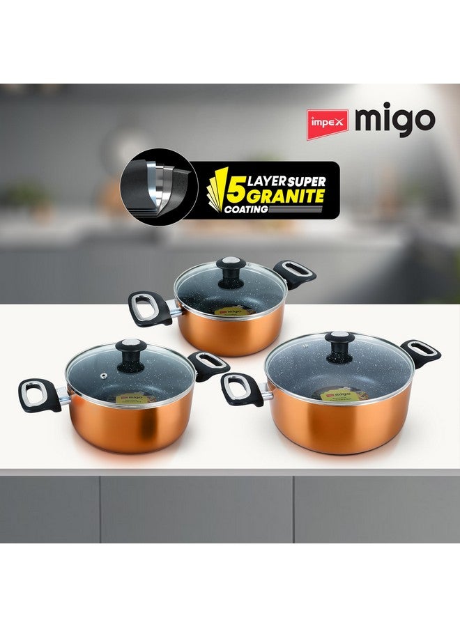 Impex Cook and Serve Casserole Set 6 Pcs Nonstick Granite Cookware Set with Glass Lid | Sauce Pans Combo with Induction Bottom | Non-Stick Cookware Set | Aluminium Casserole Set 4.7L, 3L and 2 liter - Image 4