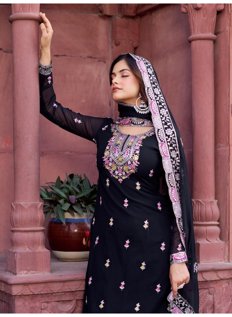Super Asian Designer Faux Georgette Sharara Set with Thread & Sequin Embroidery and Dupatta – Elegant Party Wear - Image 5