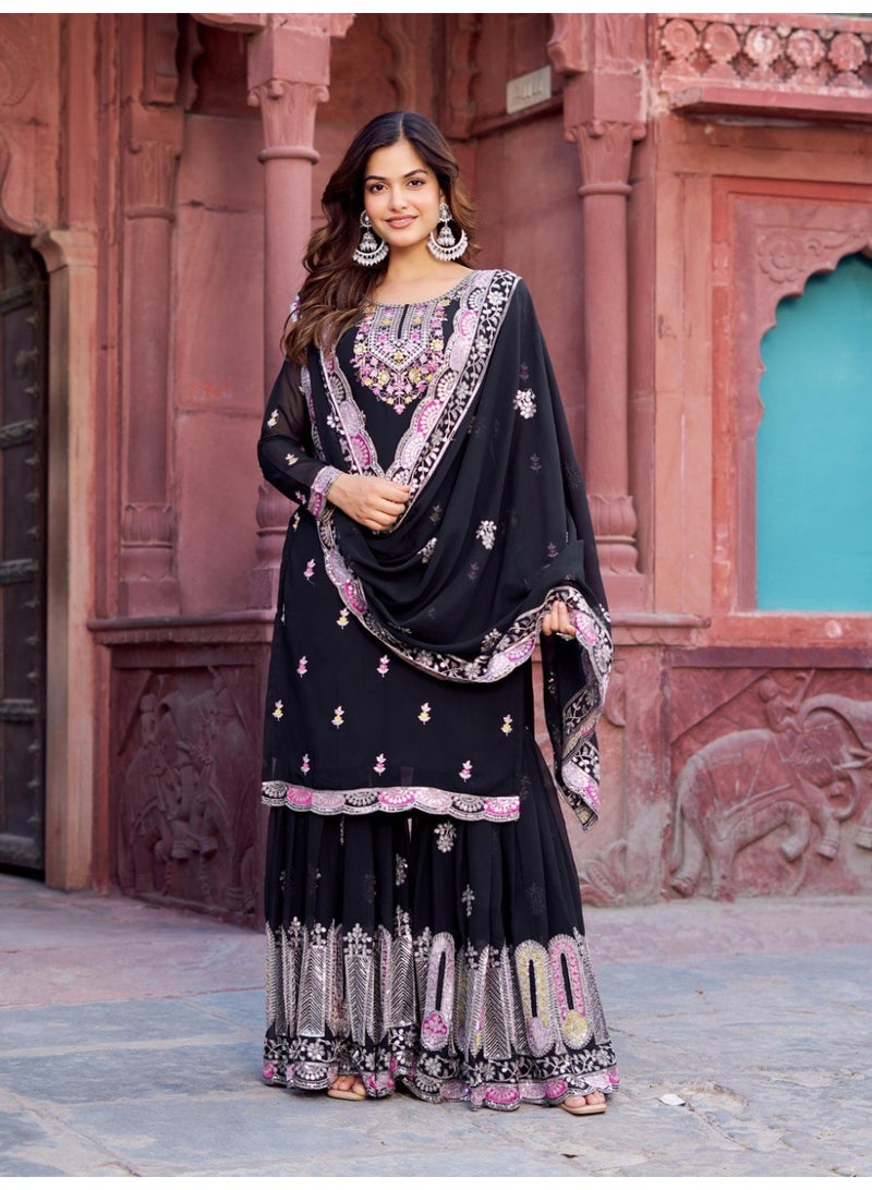 Super Asian Designer Faux Georgette Sharara Set with Thread & Sequin Embroidery and Dupatta – Elegant Party Wear - Image 1