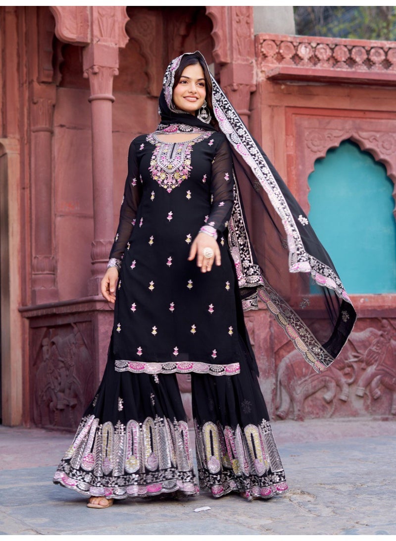 Super Asian Designer Faux Georgette Sharara Set with Thread & Sequin Embroidery and Dupatta – Elegant Party Wear - Image 4