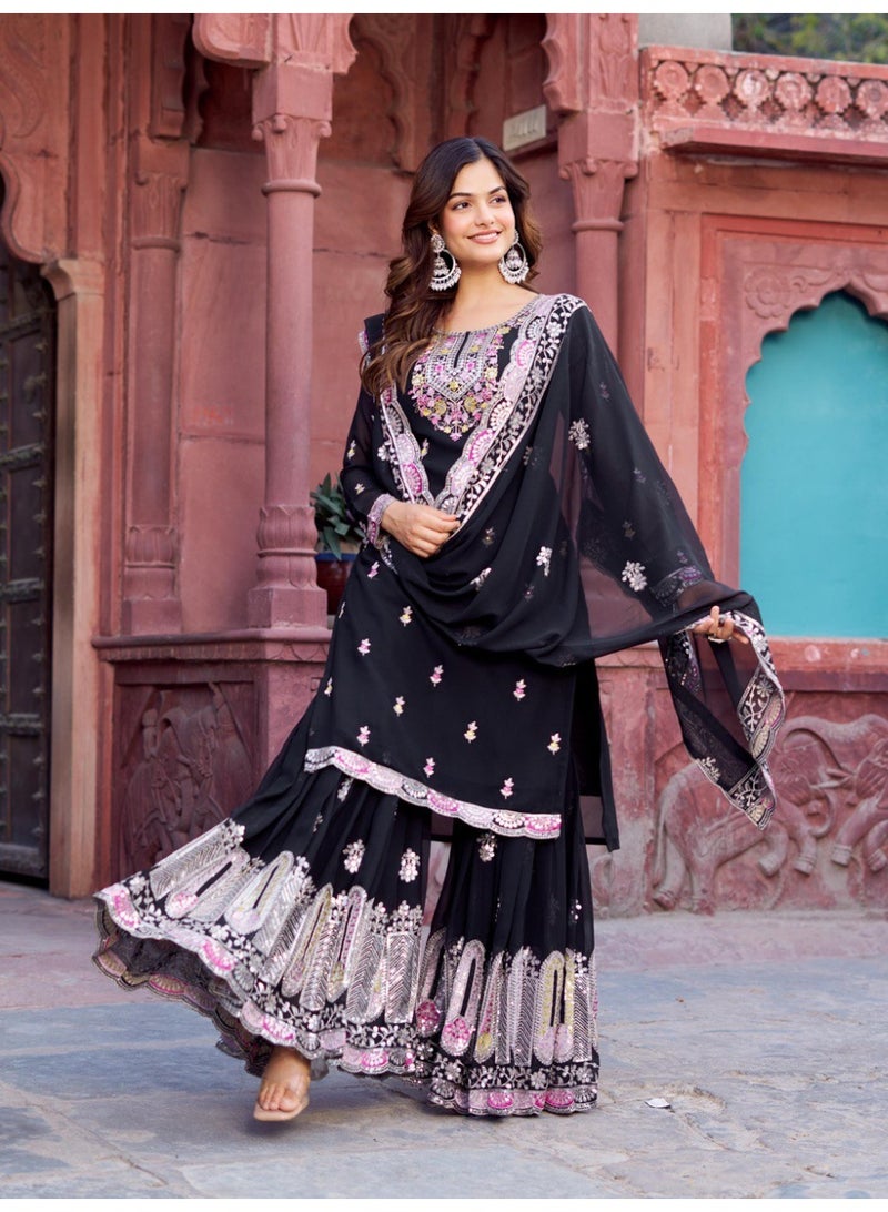 Super Asian Designer Faux Georgette Sharara Set with Thread & Sequin Embroidery and Dupatta – Elegant Party Wear - Image 3