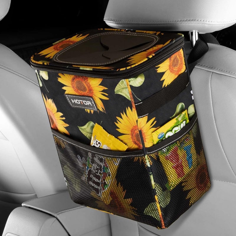 Car Trash Can with Lid and Storage Pockets - 100% Leak-Proof Organizer, Waterproof Garbage Can, Multipurpose Trash Bin for Car, 2 Gallons, Sunflower