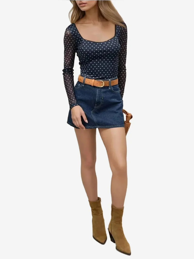 Hiccup Navy Blue Heart Collar Printed Long Sleeve Top for Women | Best Price UAE