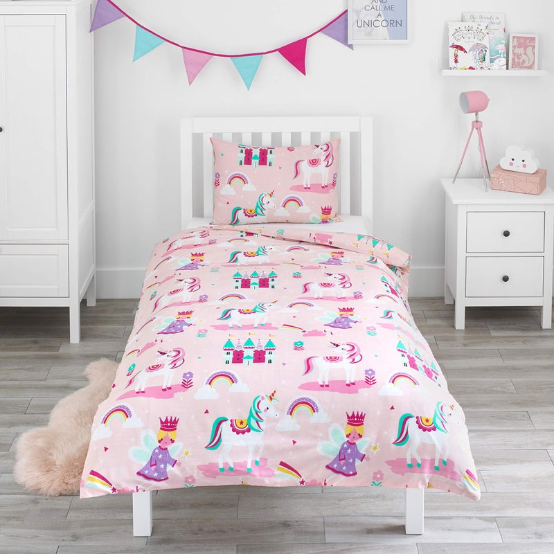 Bloomsbury Mill Bloomsbury Mill - Kids Single Duvet Cover Set - Childrens Single Bedding for Girls - Unicorn, Rainbow & Princess Single Bed Duvet Cover Set with Pillow Case - Pink - 135x200cm - Image 1