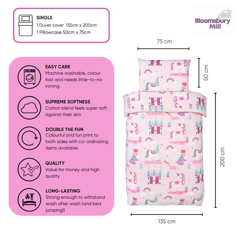 Bloomsbury Mill Bloomsbury Mill - Kids Single Duvet Cover Set - Childrens Single Bedding for Girls - Unicorn, Rainbow & Princess Single Bed Duvet Cover Set with Pillow Case - Pink - 135x200cm - Image 2