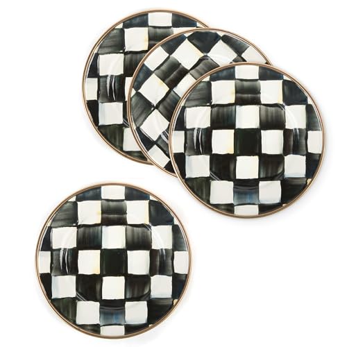 MACKENZIECHILDS Set of 4 Enamel Appetizer Plates Mini Dessert Plates 5 Inches BlackandWhite Courtly Check
