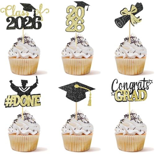 Tindobewan Class of 2026 Graduation Cupcake Topper Celebrate Graduation Day with Tindobewan Glitter Congrats Grad Cupcake Picks Decorations24PcsBlack with Gold S1 - Image 1