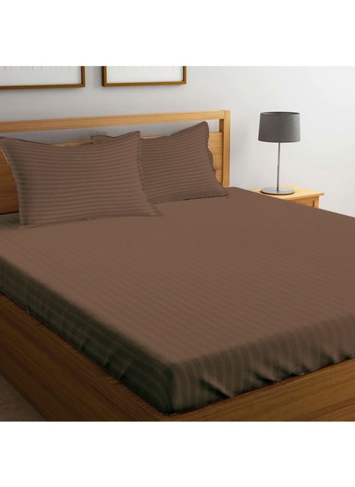 BYFT Tulip (Dark Brown) King Size Fitted Sheet and Pillow Covers with 1 cm Satin Stripe (Set of 3 Pcs) 100% Cotton, Soft and Luxurious Hotel Quality Bed linen-300 TC  - Image 1