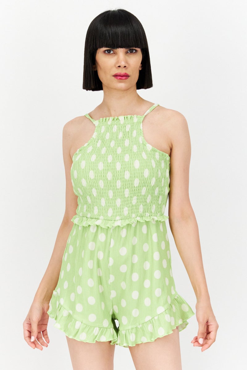 RIVER ISLAND Women Polka Dots  Sleeveless Playsuit, Green Combo - Image 1