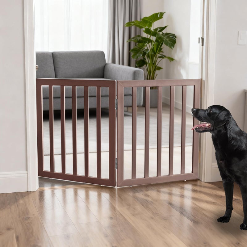 ZJSF Freestanding Indoor Dog Gate for House Foldable Wood Brown Puppy Gate for Doorways Pet Gate for Stairs Extra Wide Pet Fence 24" Height 2 Panels - Image 1