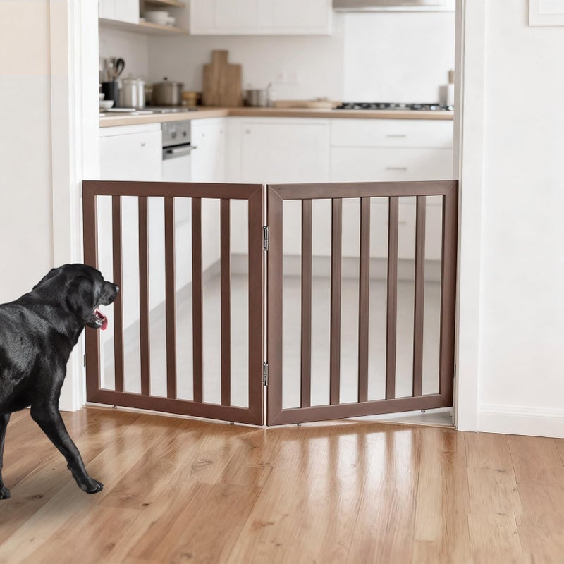 ZJSF Freestanding Indoor Dog Gate for House Foldable Wood Brown Puppy Gate for Doorways Pet Gate for Stairs Extra Wide Pet Fence 24" Height 2 Panels - Image 2