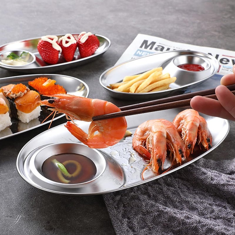 Zyomatiq Kitchen 304 Stainless Steel Snack Plate Grid Oval Cutlery Sauce Plate Western Food French Fries Fried Chicken Dim Sum Plate Tomato SauceDessert PlatesServing Platter 2PCS - Image 4