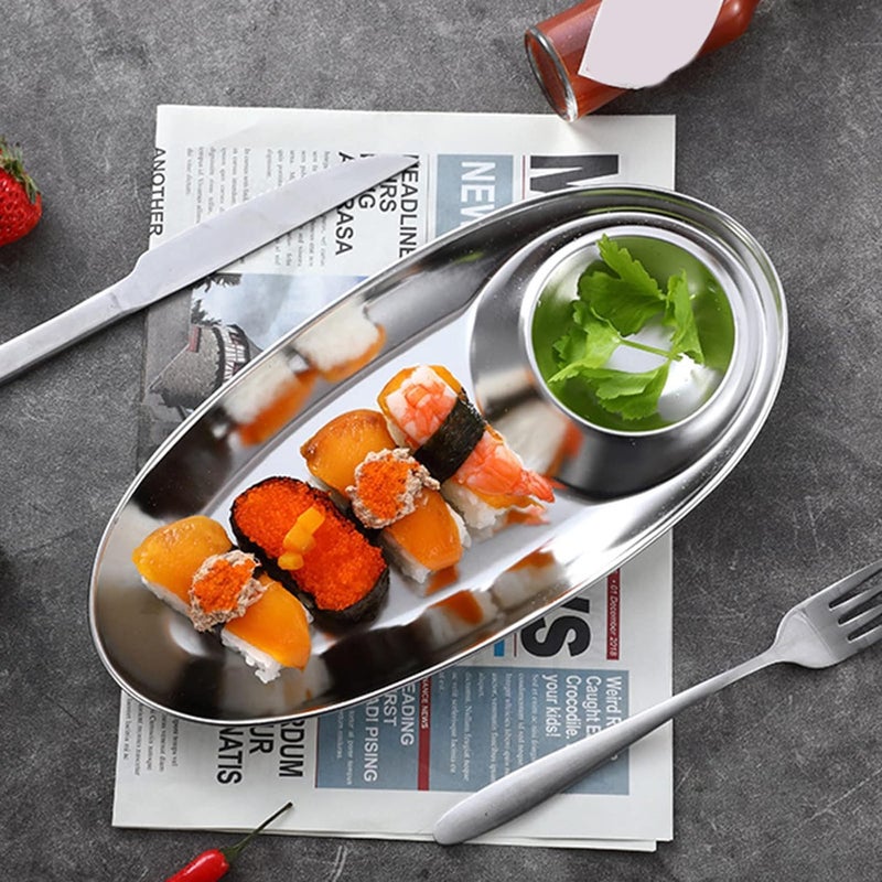 Zyomatiq Kitchen 304 Stainless Steel Snack Plate Grid Oval Cutlery Sauce Plate Western Food French Fries Fried Chicken Dim Sum Plate Tomato SauceDessert PlatesServing Platter 2PCS - Image 3