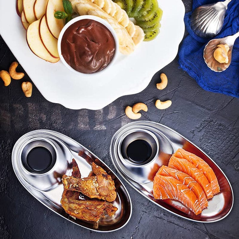 Zyomatiq Kitchen 304 Stainless Steel Snack Plate Grid Oval Cutlery Sauce Plate Western Food French Fries Fried Chicken Dim Sum Plate Tomato SauceDessert PlatesServing Platter 2PCS - Image 2