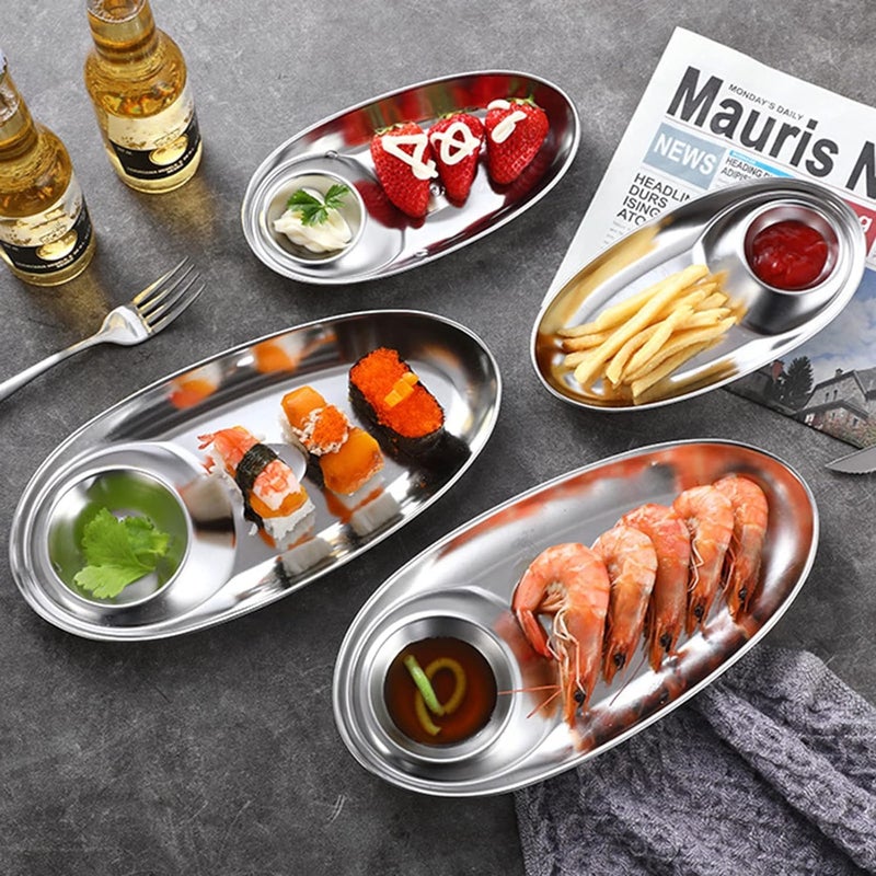 Zyomatiq Kitchen 304 Stainless Steel Snack Plate Grid Oval Cutlery Sauce Plate Western Food French Fries Fried Chicken Dim Sum Plate Tomato SauceDessert PlatesServing Platter 2PCS - Image 5
