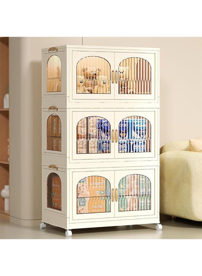 صناديق تخزين قابلة للطي، منظم صناديق تخزين قابلة للتكديس، خزانة ملابس بلاستيكية قابلة للطي مع أبواب وعجلات للمنزل أو غرفة النوم أو السكن الجامعي (بيج، 7013) - Image 1