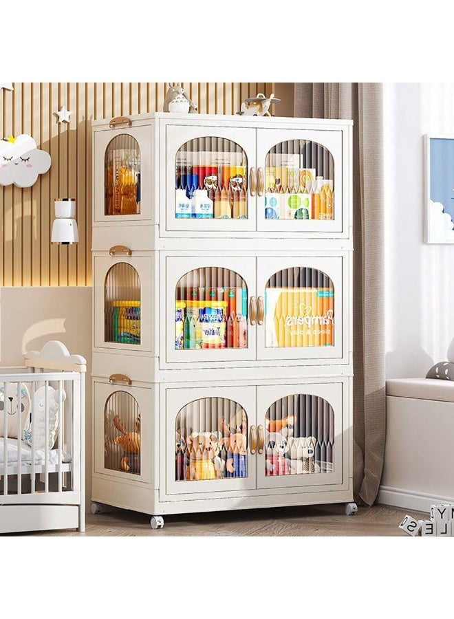 صناديق تخزين قابلة للطي، منظم صناديق تخزين قابلة للتكديس، خزانة ملابس بلاستيكية قابلة للطي مع أبواب وعجلات للمنزل أو غرفة النوم أو السكن الجامعي (بيج، 7013) - Image 2