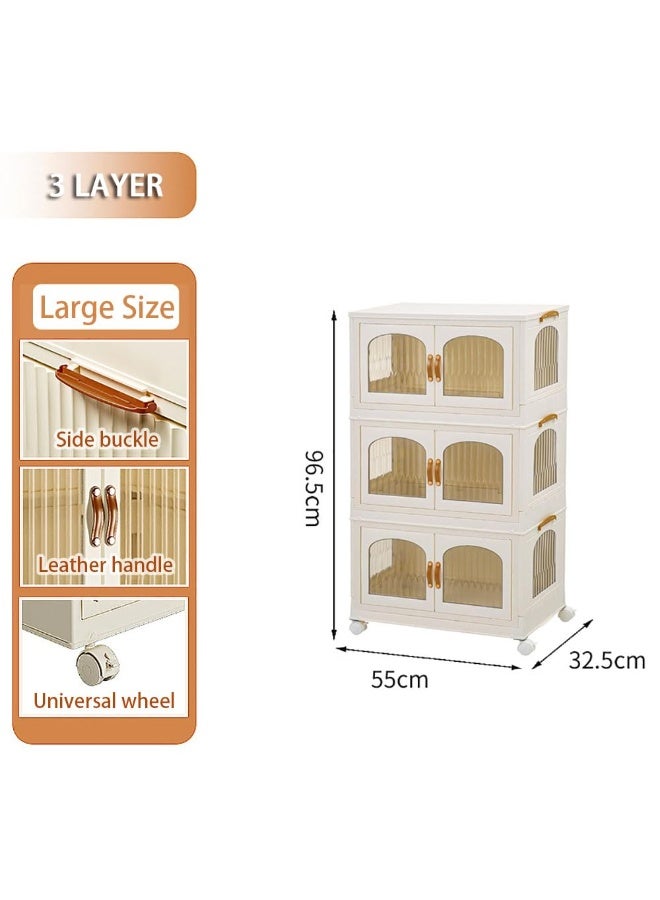 صناديق تخزين قابلة للطي، منظم صناديق تخزين قابلة للتكديس، خزانة ملابس بلاستيكية قابلة للطي مع أبواب وعجلات للمنزل أو غرفة النوم أو السكن الجامعي (بيج، 7013) - Image 3