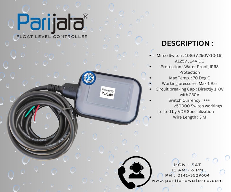 Parijata Liquid Control Float Switch Water Tank Level Liquid Float Switch Level Controller Float Switch, Water Purifier 220Volts AC (6 Months Warranty) - Image 3