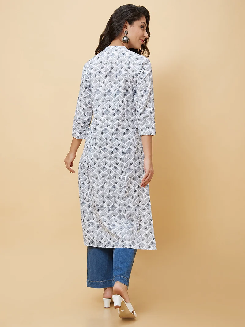 globus Women Geometric Printed Mandarin Collar Pure Cotton Kurta