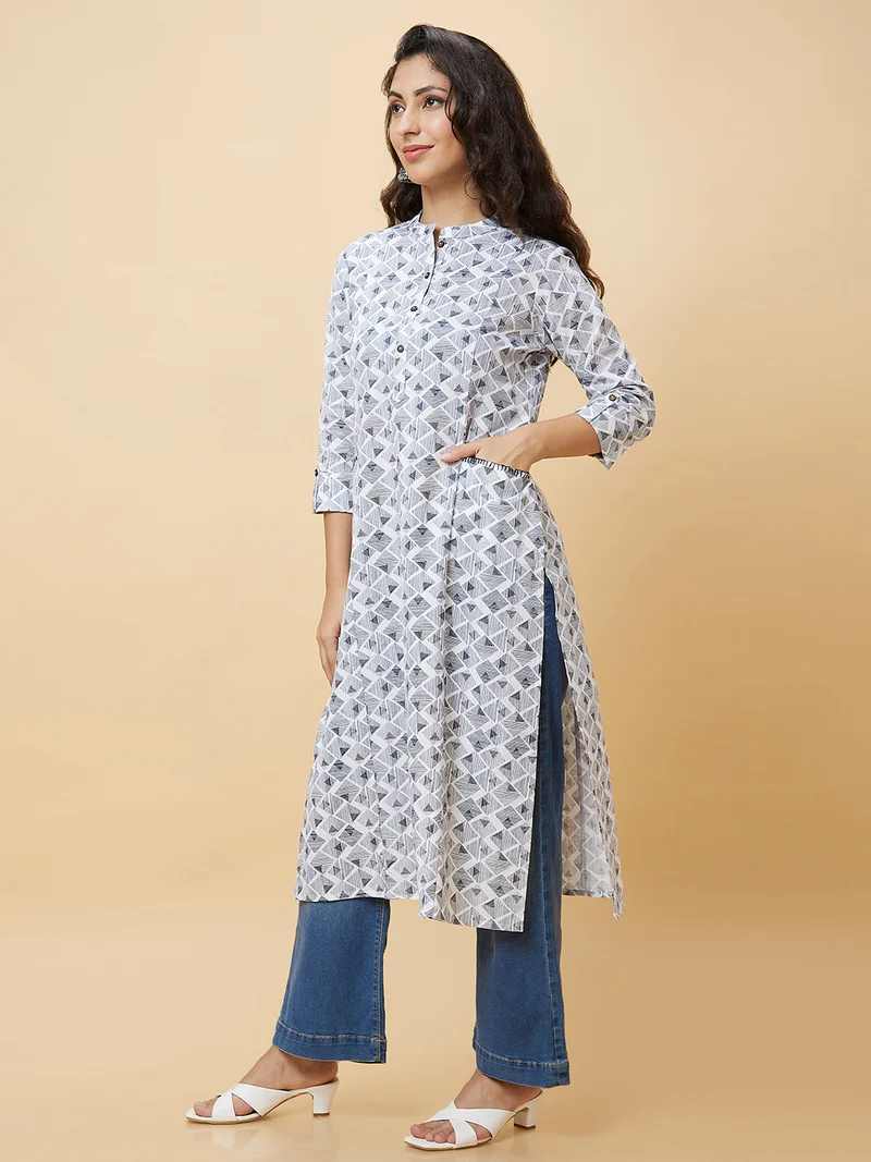 globus Women Geometric Printed Mandarin Collar Pure Cotton Kurta