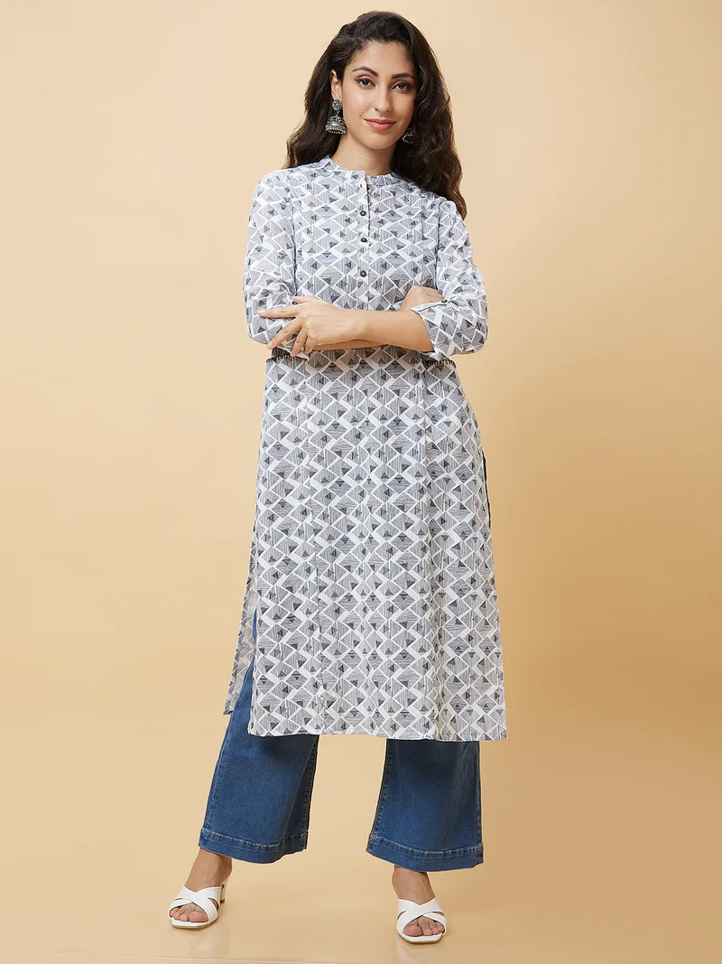 globus Women Geometric Printed Mandarin Collar Pure Cotton Kurta
