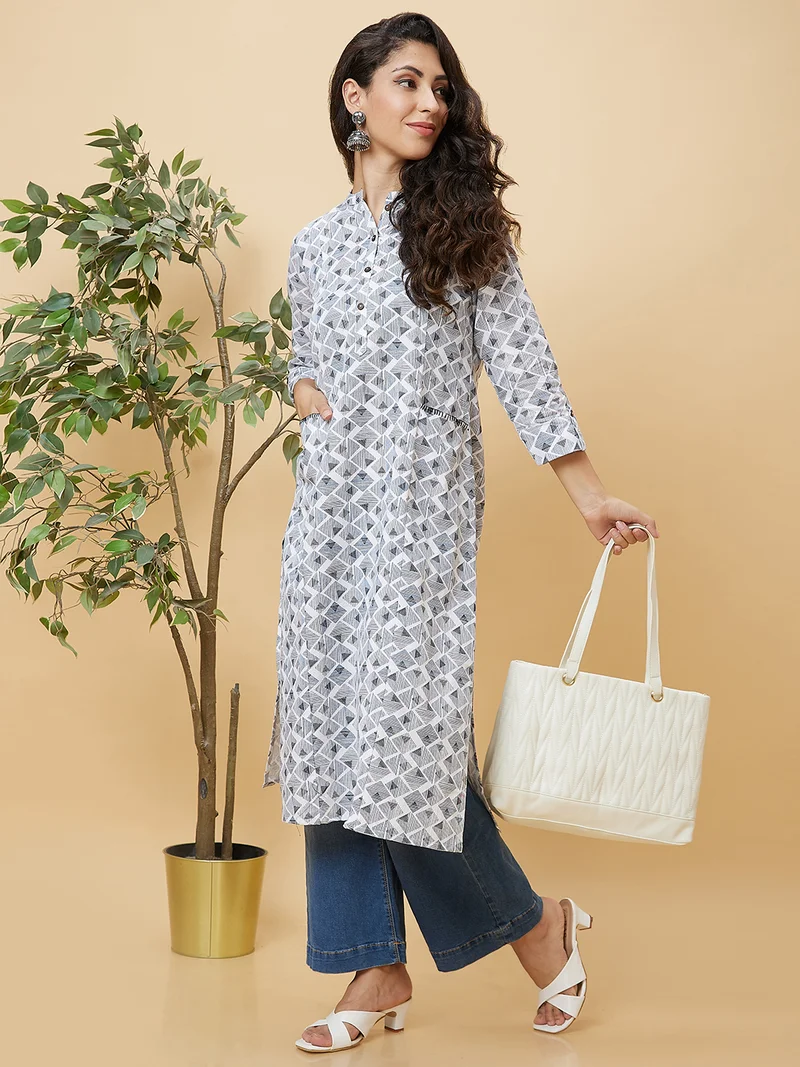 globus Women Geometric Printed Mandarin Collar Pure Cotton Kurta