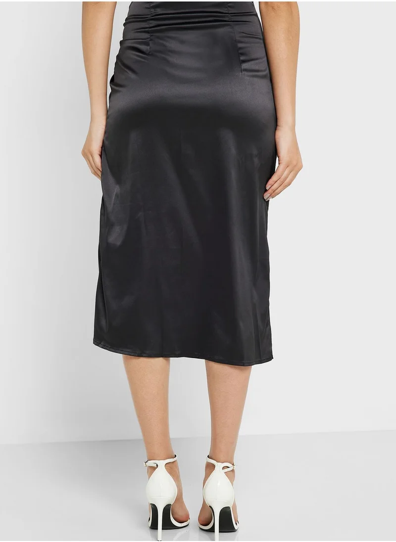 Ginger Ruched Satin Skirt with Side Slit
