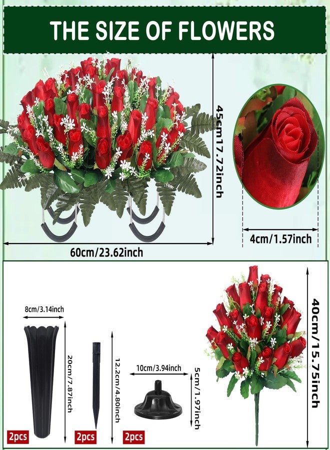 Wocst Cemetery Flowers for Grave,Headstone Flower Saddle with 2 Sets Grave Rose Flowers Bouquets with Vases for Cemetery Grave Decorations UV Resistant Non-Fading Easy Fit (Red) - Image 3