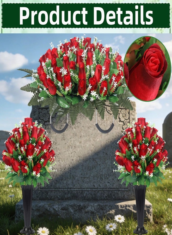 Wocst Cemetery Flowers for Grave,Headstone Flower Saddle with 2 Sets Grave Rose Flowers Bouquets with Vases for Cemetery Grave Decorations UV Resistant Non-Fading Easy Fit (Red) - Image 4