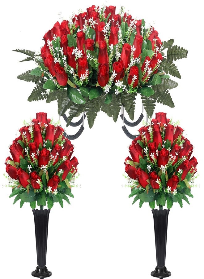 Wocst Cemetery Flowers for Grave,Headstone Flower Saddle with 2 Sets Grave Rose Flowers Bouquets with Vases for Cemetery Grave Decorations UV Resistant Non-Fading Easy Fit (Red) - Image 1