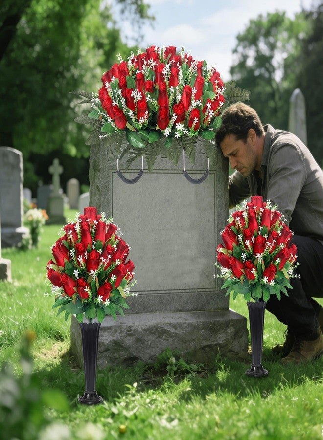 Wocst Cemetery Flowers for Grave,Headstone Flower Saddle with 2 Sets Grave Rose Flowers Bouquets with Vases for Cemetery Grave Decorations UV Resistant Non-Fading Easy Fit (Red) - Image 2