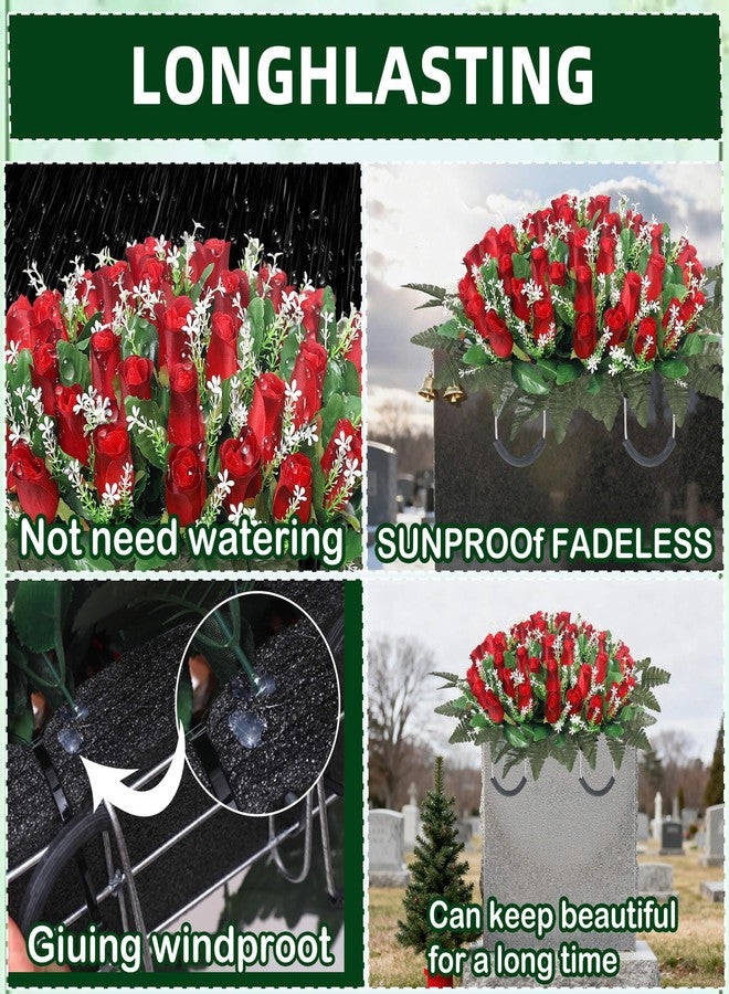 Wocst Cemetery Flowers for Grave,Headstone Flower Saddle with 2 Sets Grave Rose Flowers Bouquets with Vases for Cemetery Grave Decorations UV Resistant Non-Fading Easy Fit (Red) - Image 5