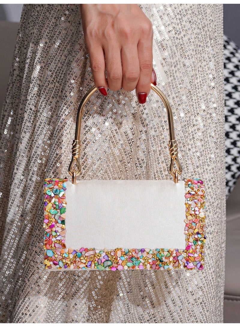 حقيبة سهرة نسائية كلتش بتصميم أنيق مزين بأحجار ملونة مع مقبض معدني وسلسلة قابلة للفصل - Image 5