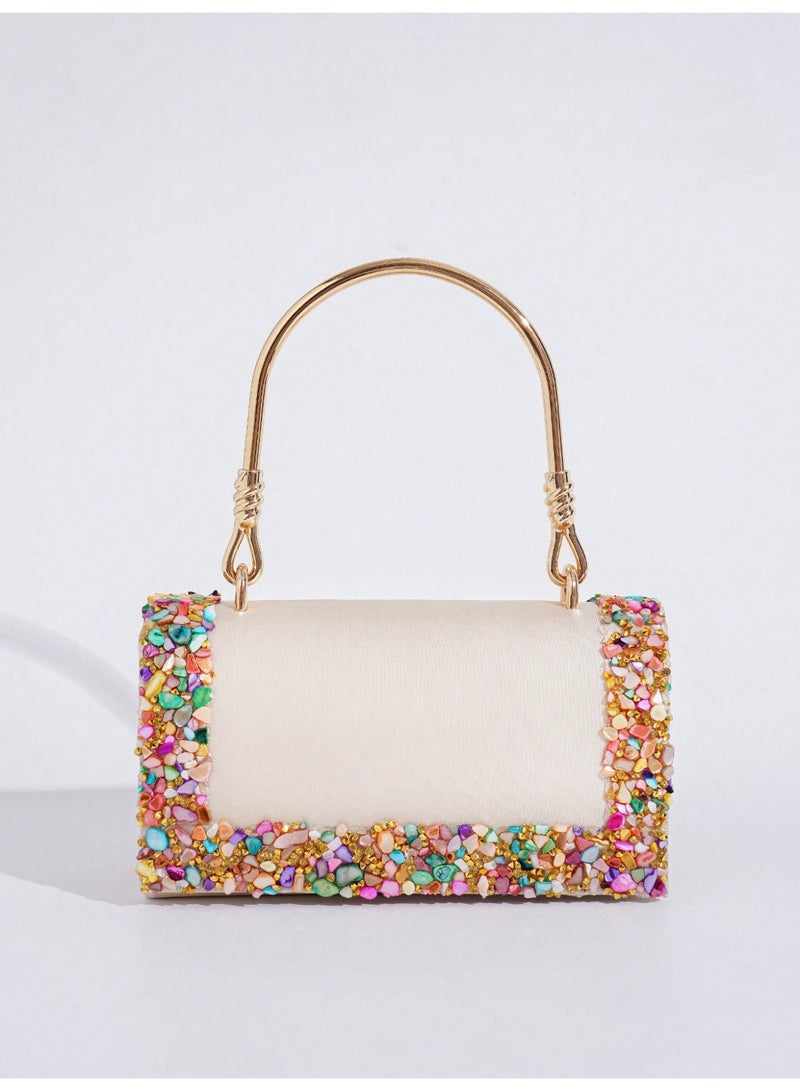 حقيبة سهرة نسائية كلتش بتصميم أنيق مزين بأحجار ملونة مع مقبض معدني وسلسلة قابلة للفصل - Image 1